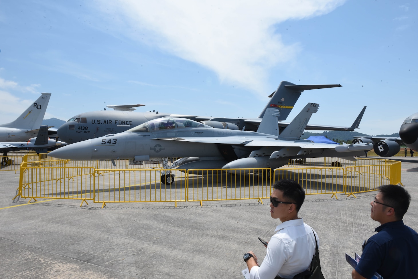 LANGKAWI, Malaysia (March 26, 2019)  A U.S. Navy EA-18G Growler from the “Scorpions” of Electronic Attack Squadron (VAQ) 132 sits on display at the 2019 Langkawi International Maritime and Aerospace (LIMA) Exhibition. Approximately 1,400 U.S. Navy and Air Force personnel are participating in LIMA19. U.S. Navy aircraft on display included a P-8A Poseidon, EA-18G Growler, and MH-60R Seahawk.