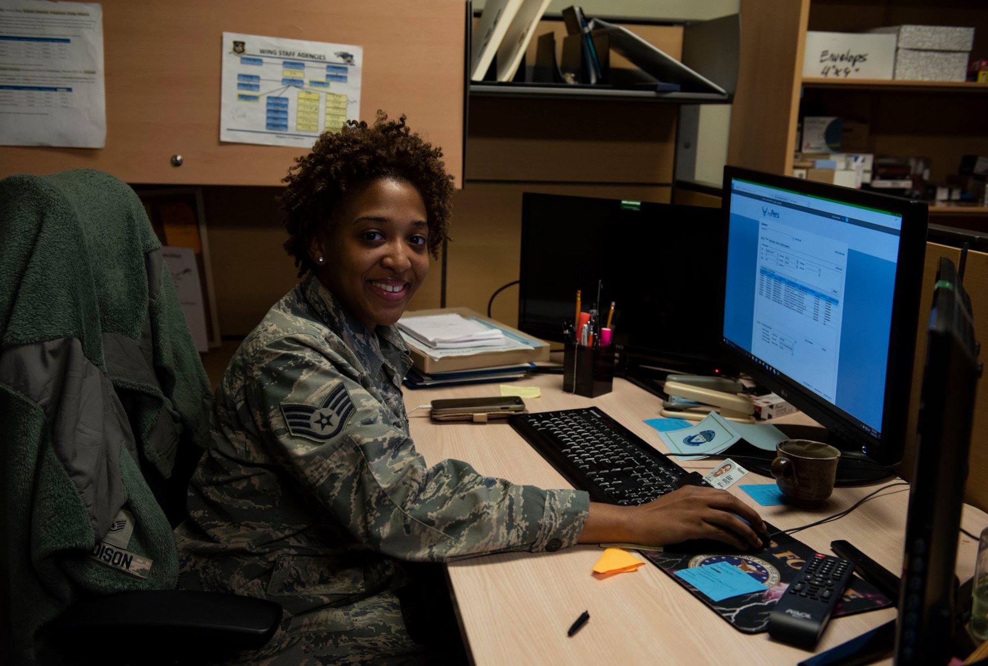 U.S. Air Force Staff Sgt. Jasmine Madison, 8th Comptroller Squadron command support staff, poses for a picture at Kunsan Air Base, Republic of Korea, Feb. 27, 2019. Madison was named the Brigadier General Wilma Vaught Visionary Leadership Award for her work on and off duty at Kunsan Air Base. (U.S. Air Force photo by Senior Airman Savannah Waters)