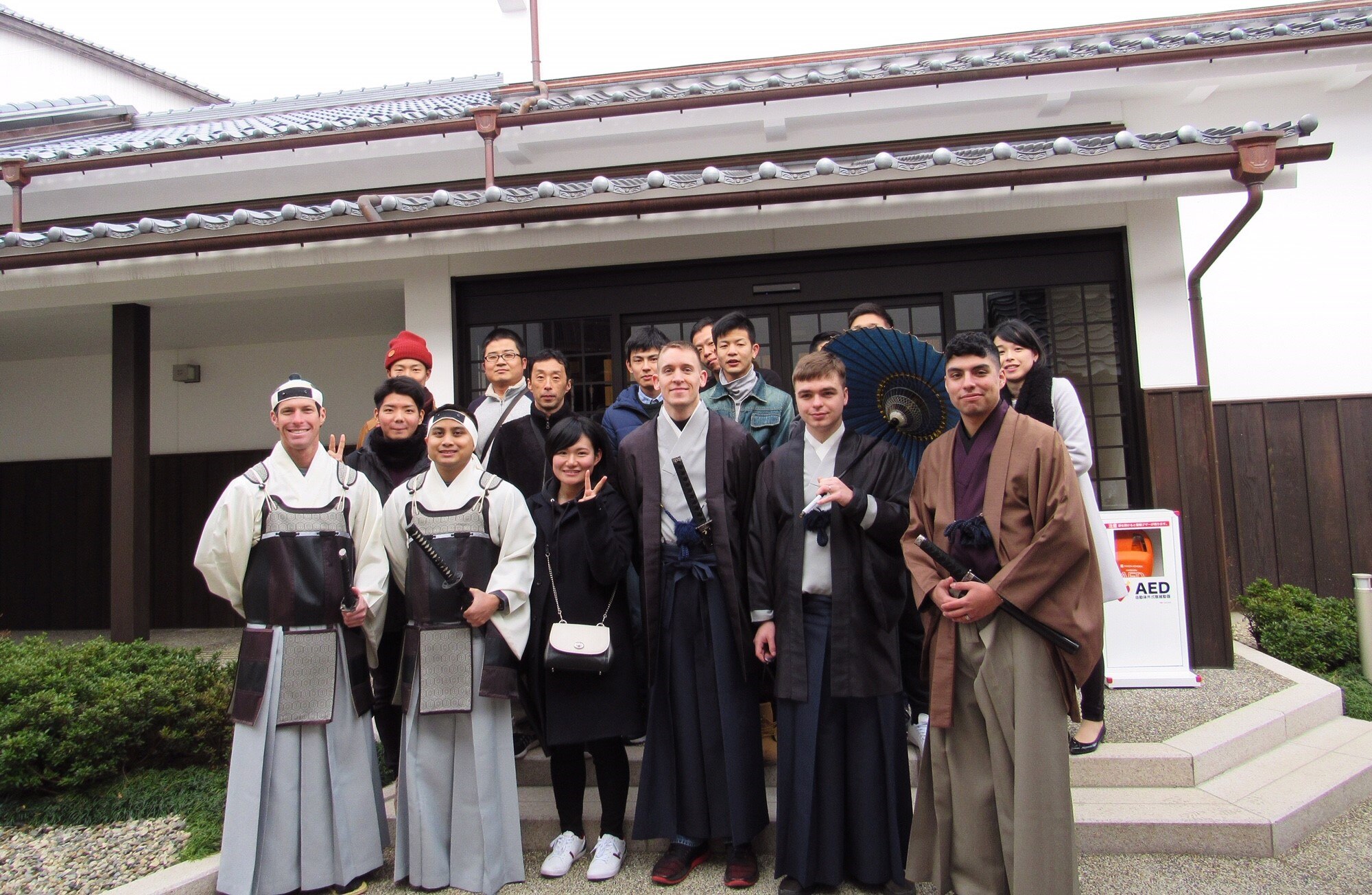 A group of five Yokota Airmen pose for a photo in traditional Japanese garb in Yamaguchi, Japan, February 14, 2019. They spent a week working with the Japan Air Self-Defense Force outof Hofu-kita, Yamaguchi, a pilot training base for the JASDF. (Courtesy Photo)