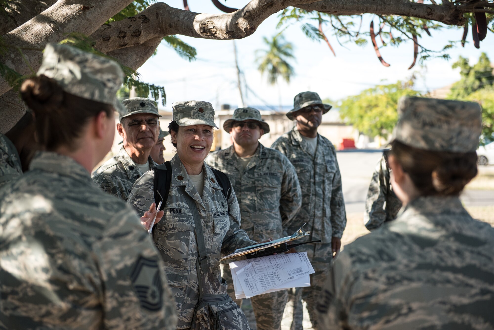 U.S. Air Force Maj. Diana Peña, a CRBN Enhanced Response Force Package medical planner officer with the 156th Medical Group, Puerto Rico Air National Guard, briefs Airmen from both the 156th MDG and the 193rd Special Operations Medical Group Detachment 1, Pennsylvania Air National Guard, as they begin the training day, during exercise Vigilant Guard.