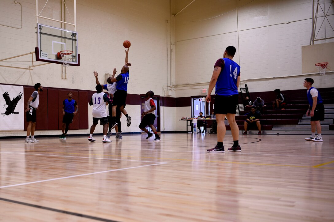 Members from the 4th Fighter Wing compete during the base basketball All-Star game March 22, 2019, at Seymour Johnson Air Force Base, North Carolina.