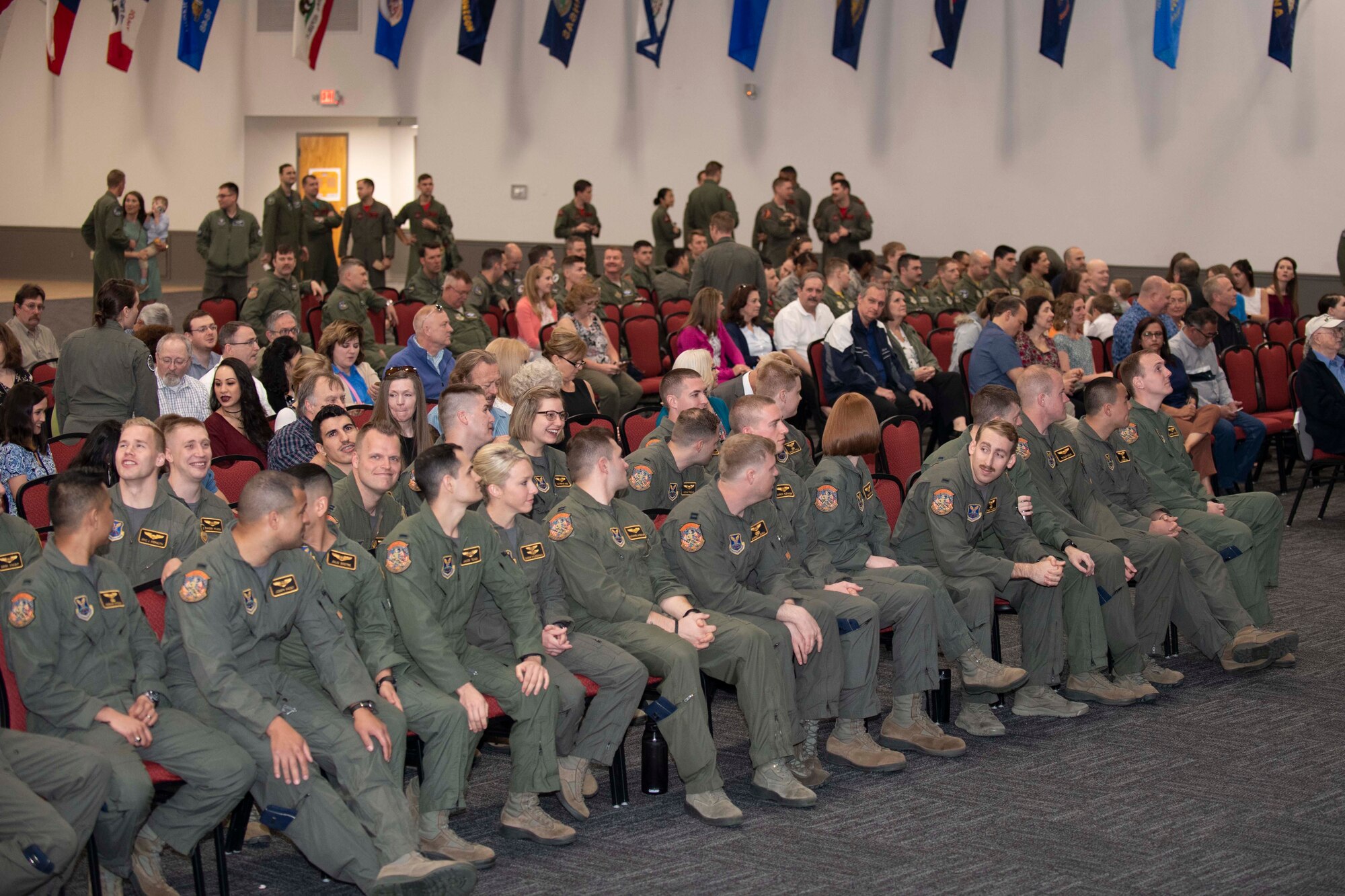 Members of Formal Training Unit Class 18-02 wait for their graduation ceremony to begin at Barksdale Air Force Base, La., March 22, 2019.  The 93rd Bomb Squadron serves as the schoolhouse for all potential B-52 Stratofortress aircrew in the U.S. Air Force (U.S. Air Force photo by Master Sgt. Ted Daigle)