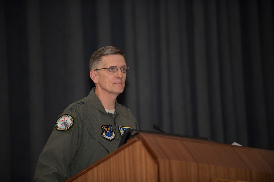 Gen. Timothy Ray, commander of Air Force Global Strike Command, addresses the audience during Formal Training Unit Class 18-02's graduation ceremony March 22, 2019 at Barksdale Air Force Base, Louisiana.  In his remarks, Ray encouraged the graduates to look to examples set by previous generations of bomber aircrew in order to go boldly into the future. (U.S. Air Force photo by Master Sgt. Ted Daigle)