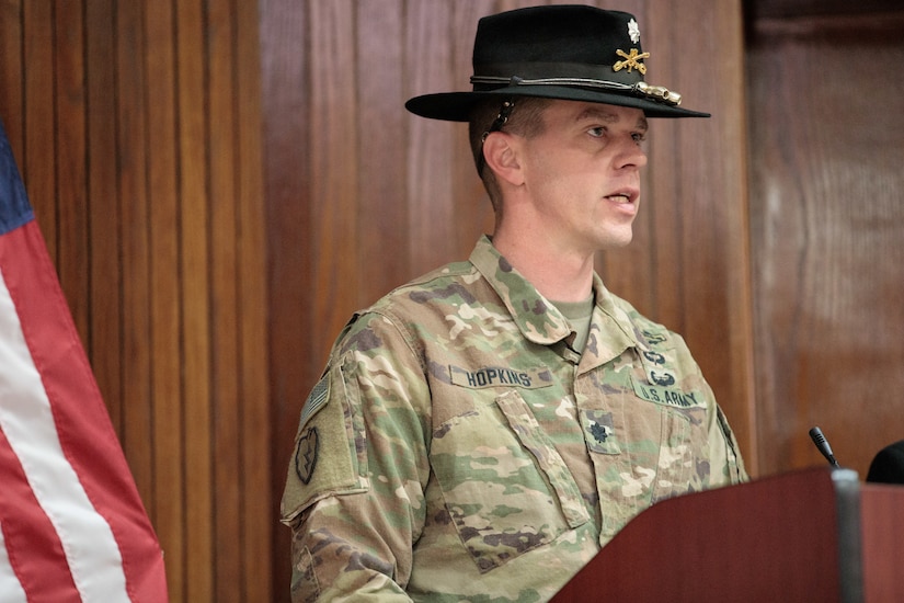 California National Guard Lt. Col. Jeremy T. Hopkins, 1st Squadron, 18th Cavalry Regiment, commander, speaks during the Jordan Armed Forces 10th Border Guard Force Battalion during their graduation ceremony, March 14, 2019, at the Peace Operations Training Center near Amman, Jordan. The 1-18 CAV, who are partners in the Joint Operations Engagement Program, trained the guard battalion to help enhance soldier skills essential for the Border Guard Force to secure and defend their borders from enemy threats.