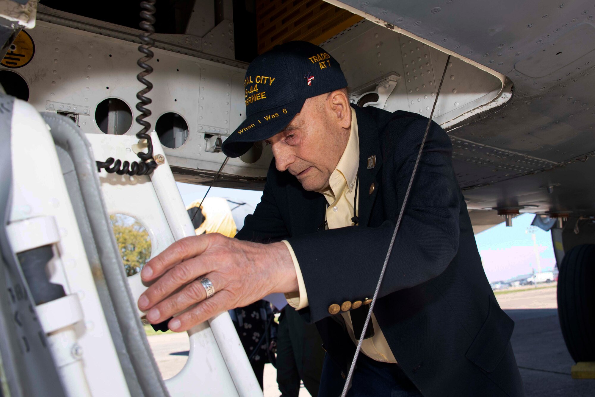 Retired Col. Adolf Wessehoeft boards a B-52 Stratofortress following the graduation of Formal Training Unit Class 18-02, March 22, 2019 at Barksdale Air Force Base, Louisiana.  Wesselhoeft, a former B-52 Stratofortress navigator, served 22 years in the Air Force.  Born in Chicago, he and his family were deported to Germany during World War II.  Wesselfhoeft eventually made his way back to the United States, joining the military immediately upon his return. (U.S. Air Force photo by Master Sgt. Ted Daige)