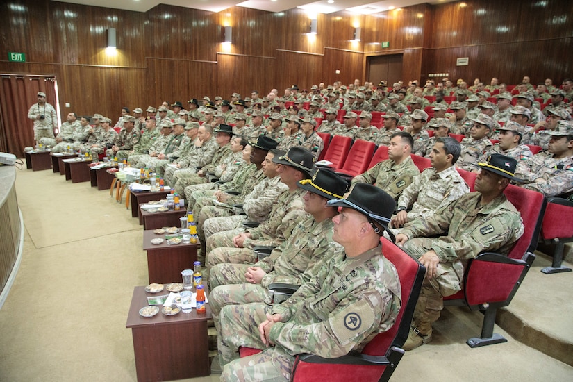 U.S. Army and Jordan Armed Forces soldiers attend the JAF 10th Border Guard Force Battalion’s graduation ceremony, March 14, 2019, Peace Operations Training Center near Amman, Jordan. The 10th BGF Battalion graduated from the Joint Operational Engagement Program where they trained with the California Army National Guard’s 1st Squadron, 18th Cavalry Regiment for ten weeks to enhance the BGF readiness to protect and secure Jordan’s borders.