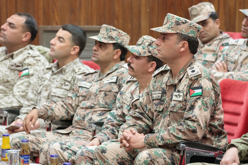 Jordan Armed Forces soldiers listen to a guest speaker during a graduation ceremony for the JAF 10th Border Guard Force Battalion at the Peace Operations Training Center near Amman, Jordan, March 14, 2019. The 10th BGF graduated from the Joint Operational Engagement Program where they trained with the California Army National Guard’s 1st Squadron, 18th Cavalry Regiment for ten weeks to enhance the BGF readiness to protect and secure Jordan’s borders.