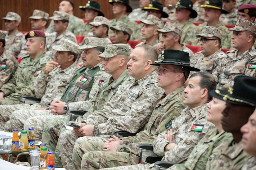 U.S. Army and Jordan Armed Forces senior leadership attend a graduation ceremony for the JAF 10th Border Guard Force Battalion at the Peace Operations Training Center near Amman, Jordan, March 14, 2019. The 10th BGF graduated from the Joint Operational Engagement Program where they trained with the California Army National Guard’s 1st Squadron, 18th Cavalry Regiment for ten weeks to enhance the BGF readiness to protect and secure Jordan’s borders.