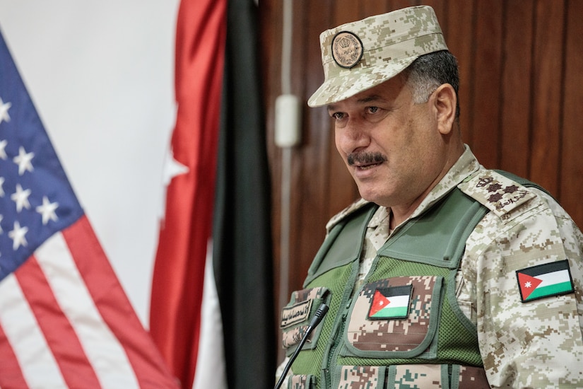 Jordan Armed Forces Brig. Gen. Khalid Mohammed Al-Masaeid, Northern Region commander, speaks during the JAF’s 10th Border Guard Force Battalion graduation from the Joint Operational Engagement Program, March 14, 2019, at the Peace Operations Training Center near Amman, Jordan. The 10th BGF will head to the outer limits of Jordan and defend their borders using the training and experience they gained from the JOEP.