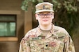 Army Spc. Aaron Beireis, a human resources specialist, U.S. Army Central (USARCENT), stands at attention on March 25, 2019, at Camp Arifjan, Kuwait. Beireis amended nearly 8,000 TCS orders during his current mobilization which has had a positive impact on Soldiers across USARCENT’s area of operations. Beireis exemplifies USARCENT’s enduring priorities: specifically managing transition of rotational forces.