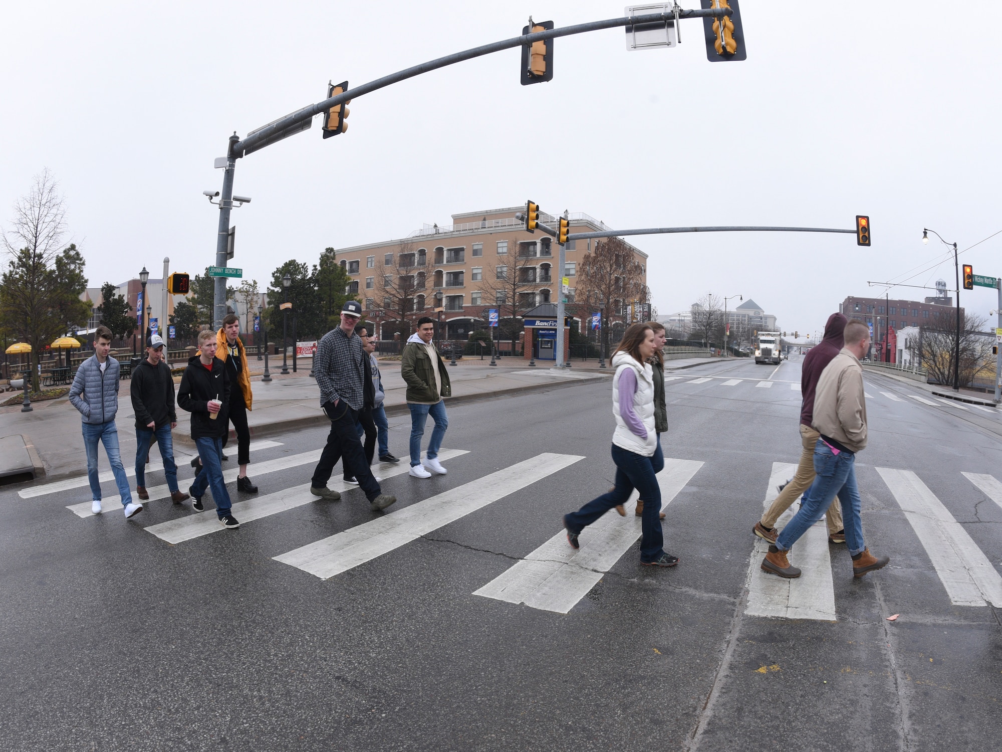 It's not Abbey Road and the Beatles, but Airmen from Tinker Air Force Base's First Term Airmen Center are captured crossing the road in the music/entertainment district of downtown Oklahoma City during a special tour hosted by the OKC Convention and Visitors Bureau on March 8, 2019.
