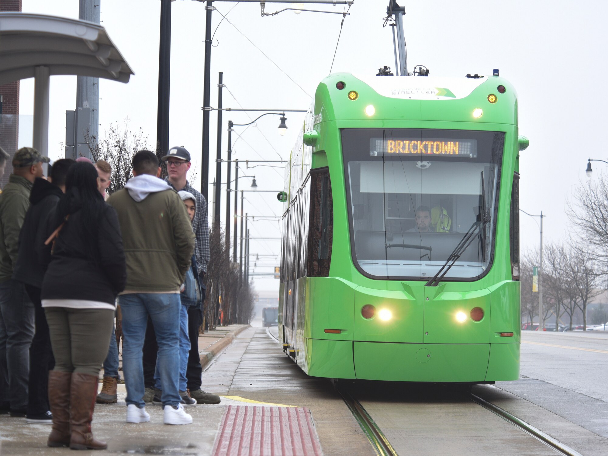 Airmen from Tinker Air Force Base’s First Term Airmen Center wait to board an approaching Oklahoma City Streetcar during a complimentary tour and free streetcar ride of the downtown area courtesy of an innovative partnership between the Oklahoma City Convention and Visitors Bureau and Tinker AFB on March 8, 2019.