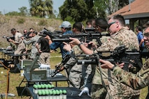 U.S. and coalition military personnel from U.S. Central Command, U.S. Special Operations Command and MacDill Air Force Base fire non-lethal weapons during a familiarization fire at MacDill AFB, March 21, 2019.