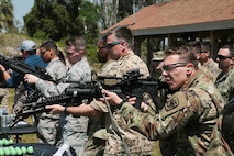 U.S. and coalition military personnel from U.S. Central Command, U.S. Special Operations Command and MacDill Air Force Base fire non-lethal weapons during a familiarization fire at MacDill AFB, March 21, 2019.