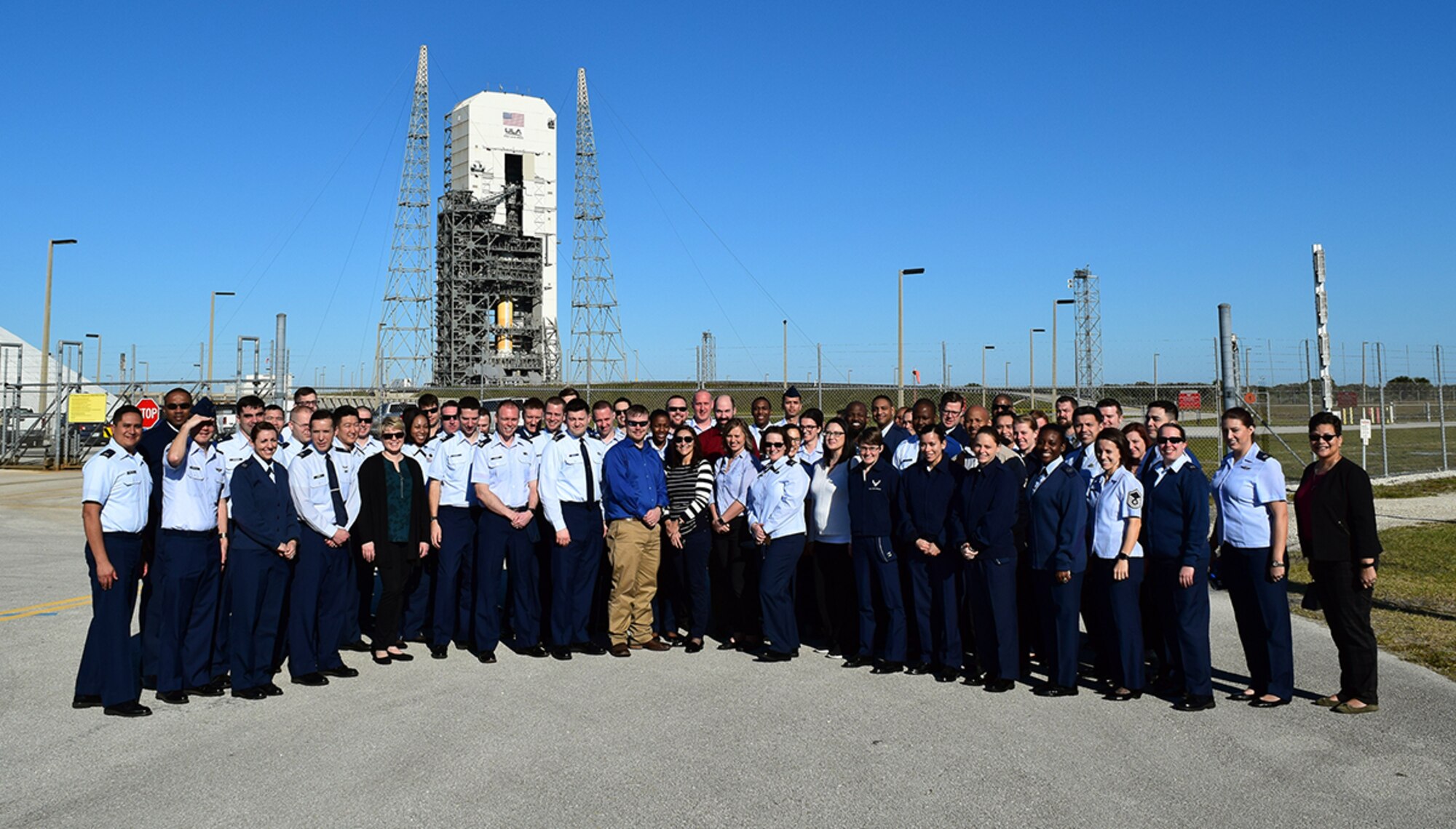EWI Fellows at Cape Canaveral Space Launch Complex 37.  During the EWI Mid Tour Review, Fellows toured both the United Launch Alliance and Lockheed Martin Missiles & Fire Control facilities.  Senior leadership from both companies took the time to provide their perspective on partnering with industry and shared what’s made them successful. (U.S. Air Force Photo by Capt Frank Larkins)
