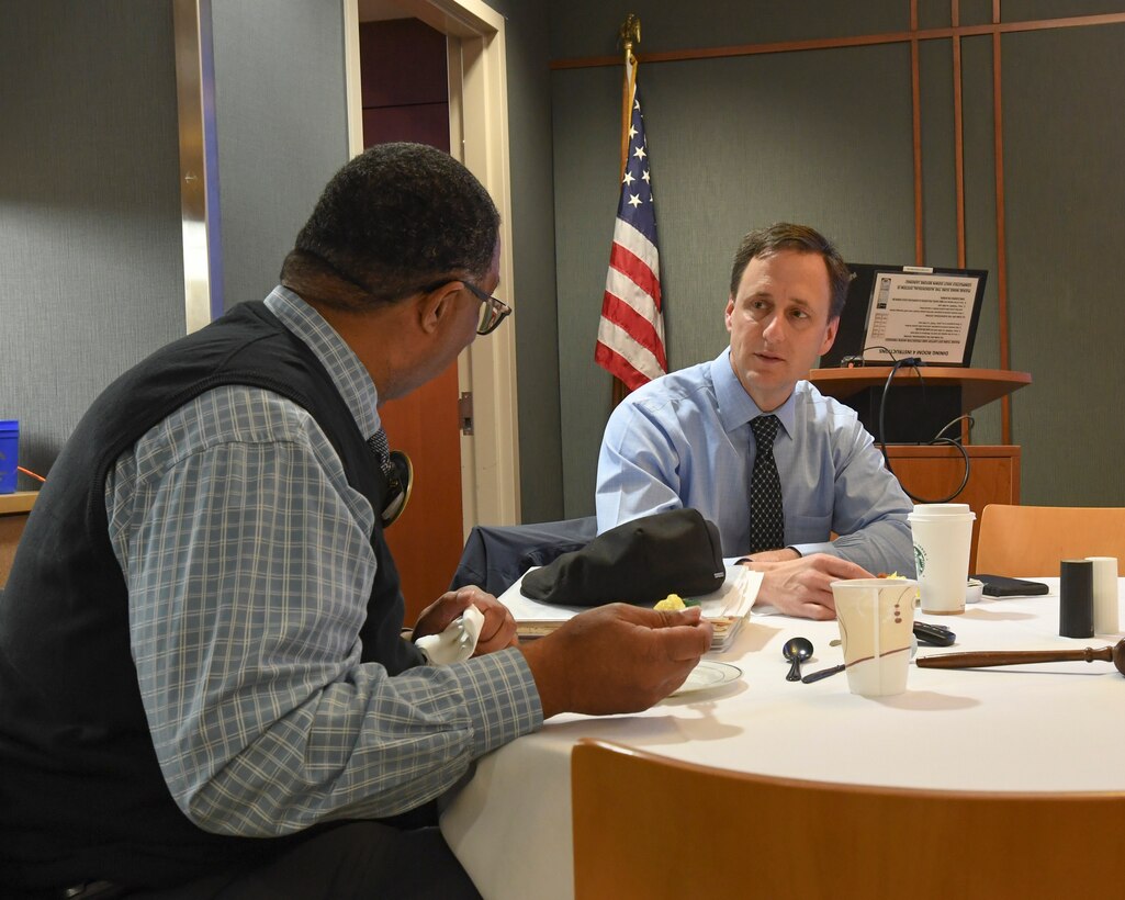 U.S. Air Force Col. Robert Talton, commander of the 916th Aerospace Medicine Squadron speaks at the Three Eagles Rotary Club meeting on March 20, 2019 in Goldsboro, N.C.
