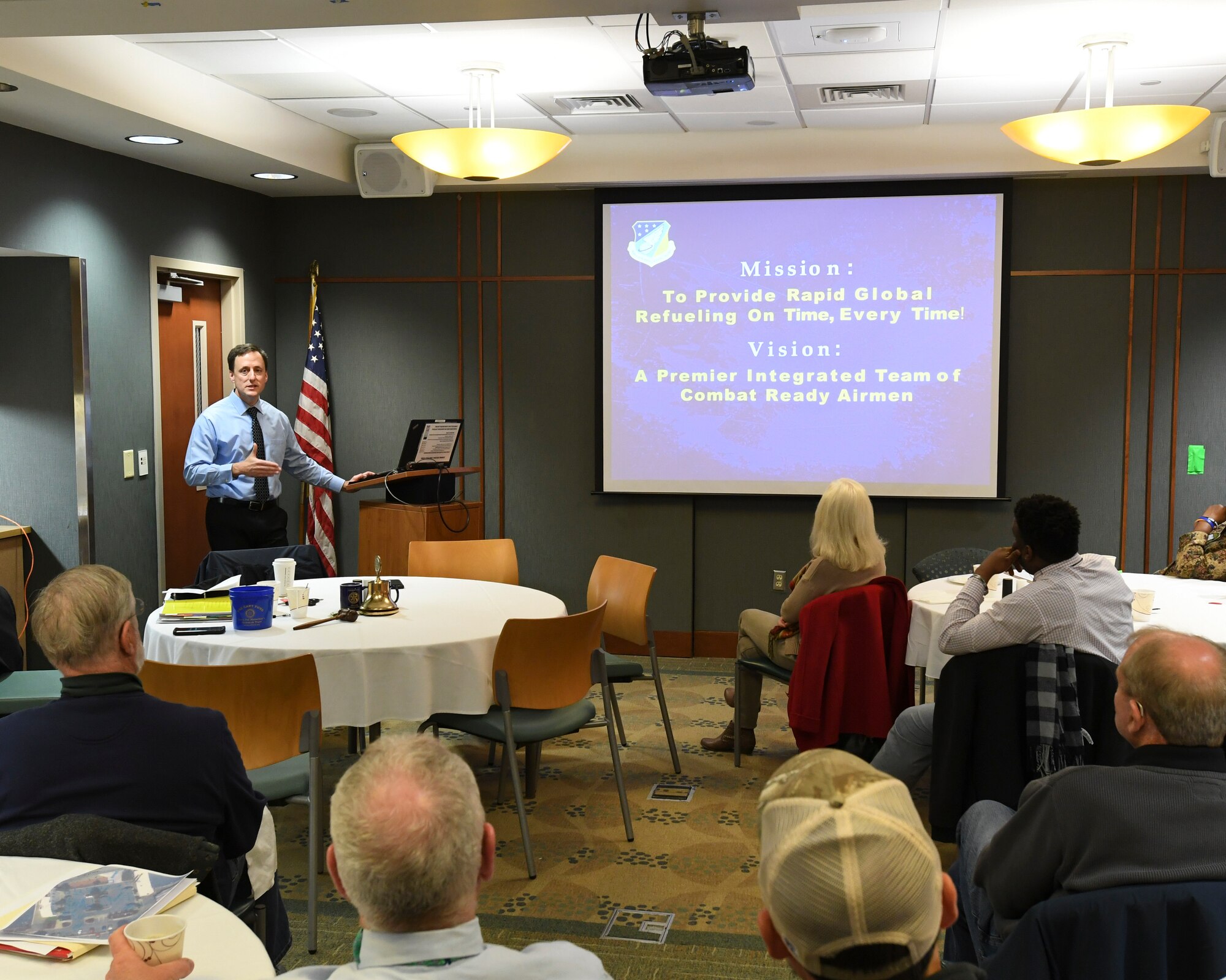 U.S. Air Force Col. Robert Talton, commander of the 916th Aerospace Medicine Squadron speaks at the Three Eagles Rotary Club on March 20, 2019 in Goldsboro, N.C.