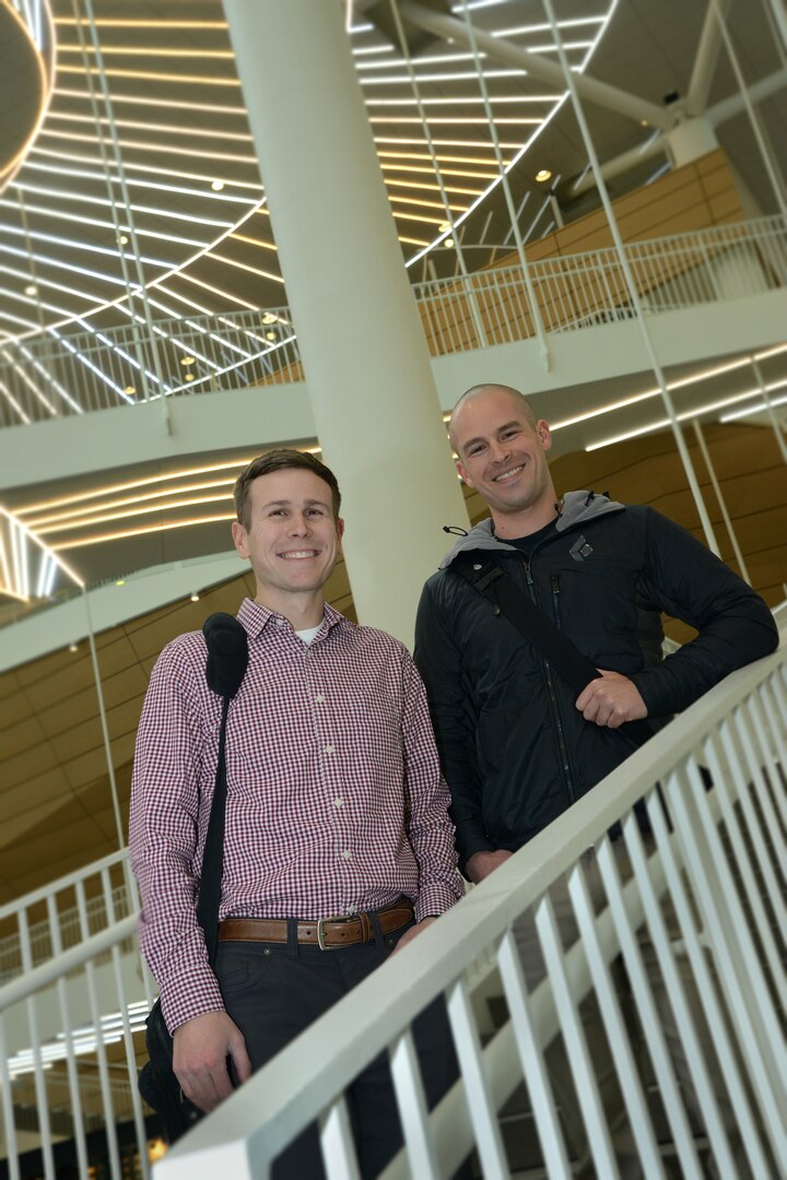 Oregon Army National Guard Soldiers and Oregon Health Science University (OHSU) medical students Capt. John Avery Harrell, left, and Sgt. Zach Bolte pause for a photograph together at the OHSU Life Sciences Building, following afternoon classes on March 5, 2019, at the OHSU campus in Portland, Oregon. Harrell and Bolte both deployed and served together during Operation Inherent Resolve in 2017, and attended the University of Oregon for their undergraduate studies at the same time before beginning their medical school studies in August of 2019 at OHSU.