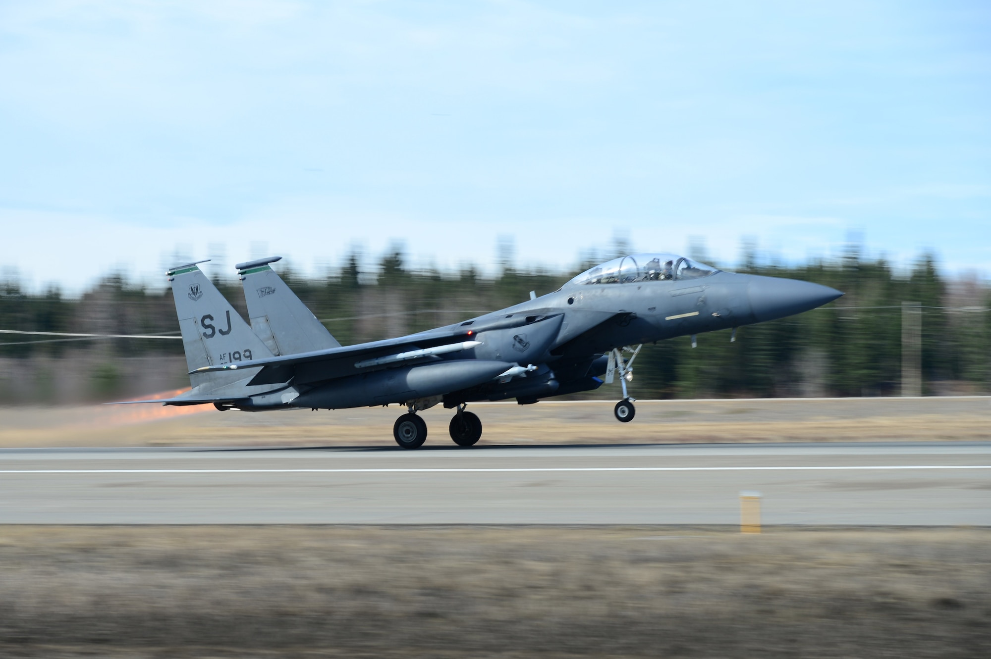 An F-15E takes off from Seymour Johnson Air Force Base, North Carolina.