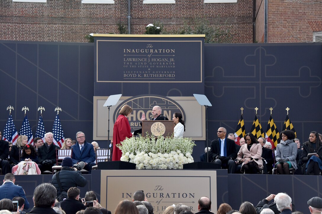 Members of the Maryland National Guard provide support for Gov. Larry Hogan’s inauguration, Jan.16, 2019 in Annapolis, Maryland. Members escorted key attendees during the outside ceremony as well as assisted with logistics and security. (U.S. Air National Guard photo by Staff Sgt. Enjoli Saunders)