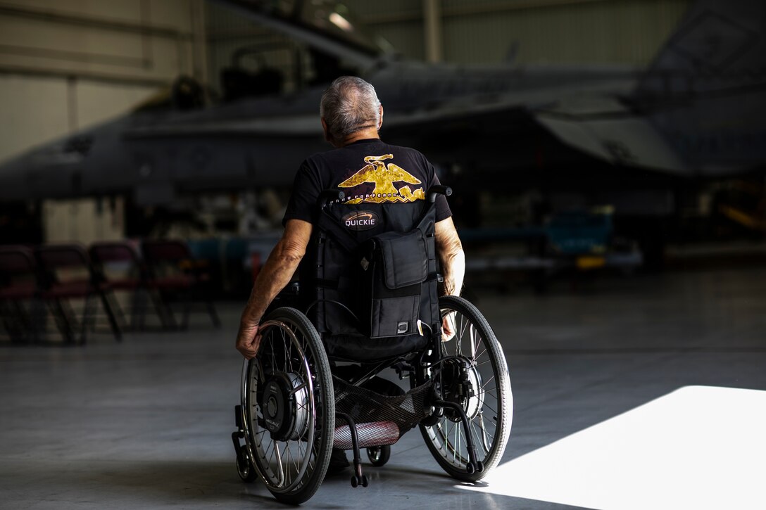 Ginny Madero, a Vietnam veteran, arrives at Marine Fighter Attack Training Squadron (VMFAT) 101 during an Iwo Jima veteran reunion at Marine Corps Air Station Miramar, Calif., March 22. The West Coast Iwo Jima Reunion Association and MCAS Miramar hosted this reunion for Iwo Jima veterans and their family members to learn about new advancements in the Marine Corps. (U.S. Marine Corps photo by Sgt. Jake McClung)