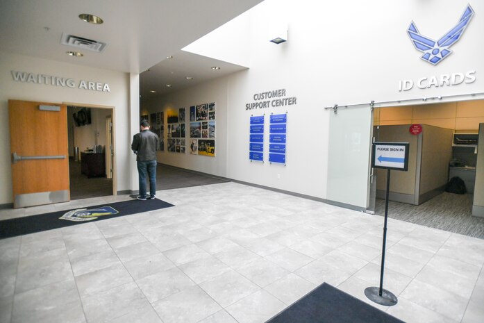 A customer signs in at the newly renovated building 430 at Hill Air Force Base, Utah, March 26, 2019. With the complete face lift, building 430 is now an "one-stop shop" for many customer services that previously required visiting multiple buildings. (U.S. Air Force photo by Cynthia Griggs)