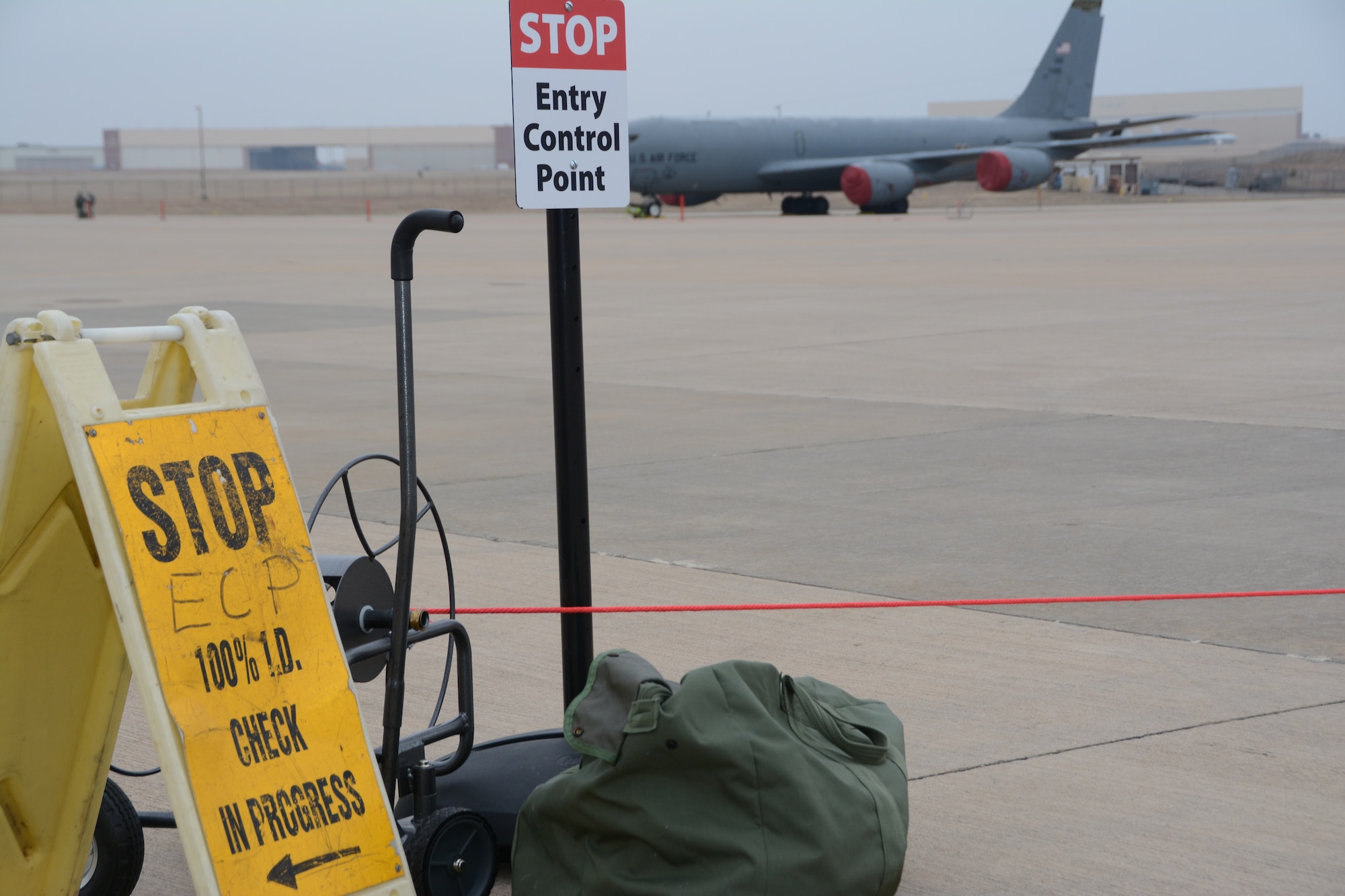 An entry control point is set up on the 507th Air Refueling Wing flightline during an exercise geared toward wartime preparation and readiness March 2, 2019, at Tinker Air Force Base, Oklahoma. The 507th Air Refueling Wing's unit effectiveness inspection capstone event is scheduled for Nov. 15-19, 2019. (U.S. Air Force photo by Tech. Sgt. Lauren Gleason)