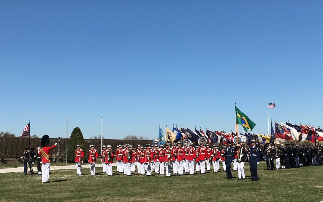 The Marine Band plays outside the Pentagon.