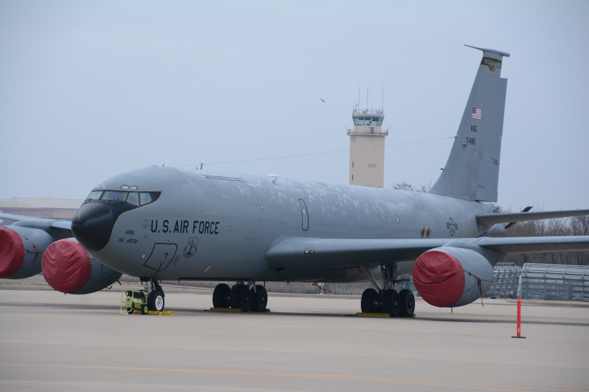 A KC-135 Stratotanker sits on the flightline of the 507th Air Refueling Wing during an exercise geared toward wartime preparation and readiness March 2, 2019, at Tinker Air Force Base, Oklahoma. The 507th Air Refueling Wing's unit effectiveness inspection capstone event is scheduled for Nov. 15-19, 2019. (U.S. Air Force photo by Tech. Sgt. Lauren Gleason)