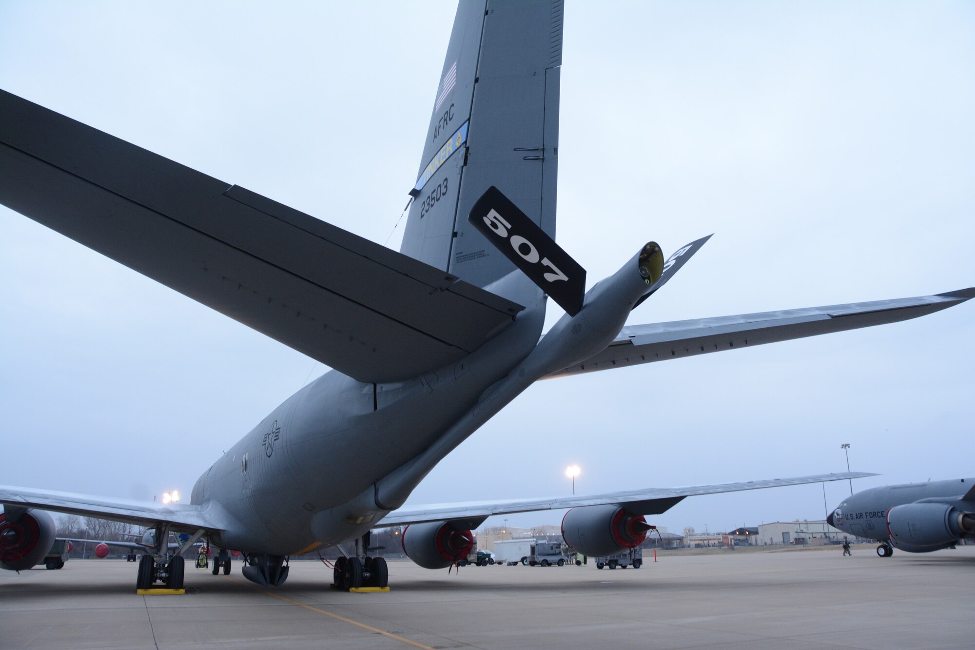 A KC-135 Stratotanker sits on the flightline of the 507th Air Refueling Wing during an exercise geared toward wartime preparation and readiness March 2, 2019, at Tinker Air Force Base, Oklahoma. The 507th Air Refueling Wing's unit effectiveness inspection capstone event is scheduled for Nov. 15-19, 2019. (U.S. Air Force photo by Tech. Sgt. Lauren Gleason)