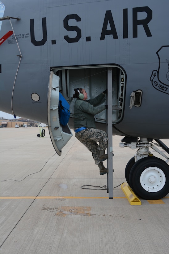 Staff Sgt. Kaycee Lebavitz, 507th Maintenance Squadron, climbs into 507th Air Refueling Wing KC-135 Stratotanker on the flightline during an exercise geared toward wartime preparation and readiness March 2, 2019, at Tinker Air Force Base, Oklahoma. The 507th Air Refueling Wing's unit effectiveness inspection capstone event is scheduled for Nov. 15-19, 2019. (U.S. Air Force photo by Tech. Sgt. Lauren Gleason)