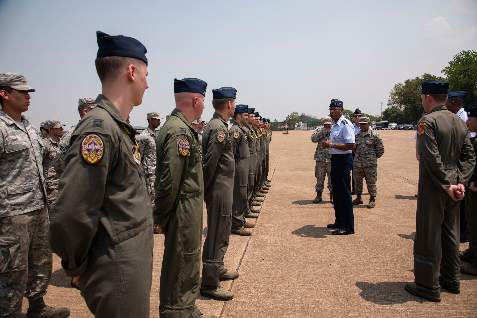 U.S. Air Force Gen. CQ Brown Jr., Pacific Air Forces commander, thanks Airmen from the 35th Fighter Wing following the COPE Tiger 2019 closing ceremony at Korat Royal Thai Air Force Base, Thailand, March 22, 2019.
