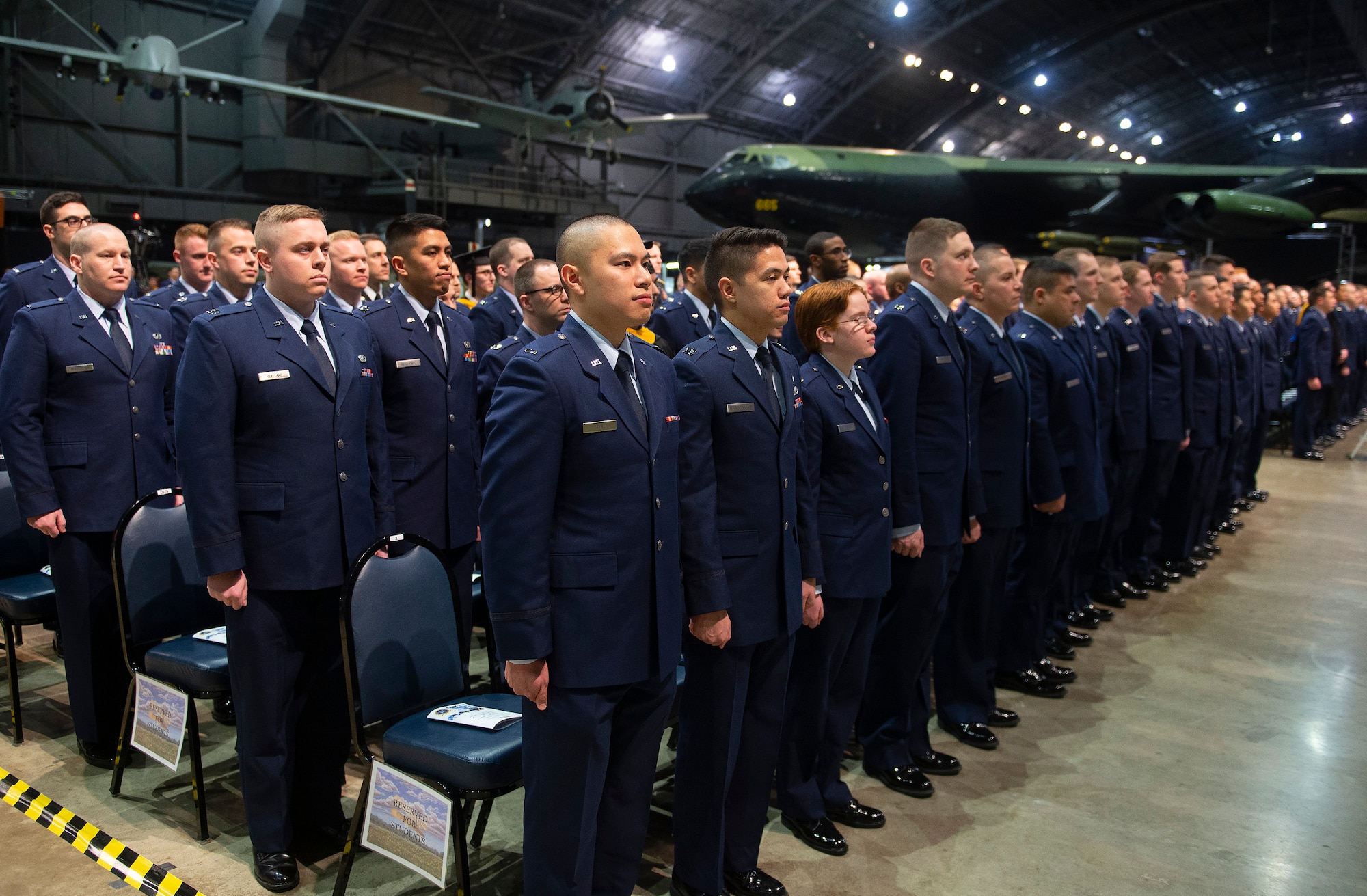 190321-F-JW079-2091
Graduates take their places at the start of the Air Force Institute of Technology commencement ceremony March 21, 2019, at the National Museum of the U.S. Air Force, Wright-Patterson Air Force Base, Ohio. More than 200 master’s degrees and 20 doctoral degrees were presented during the ceremony. (U.S. Air Force photo by R.J. Oriez)