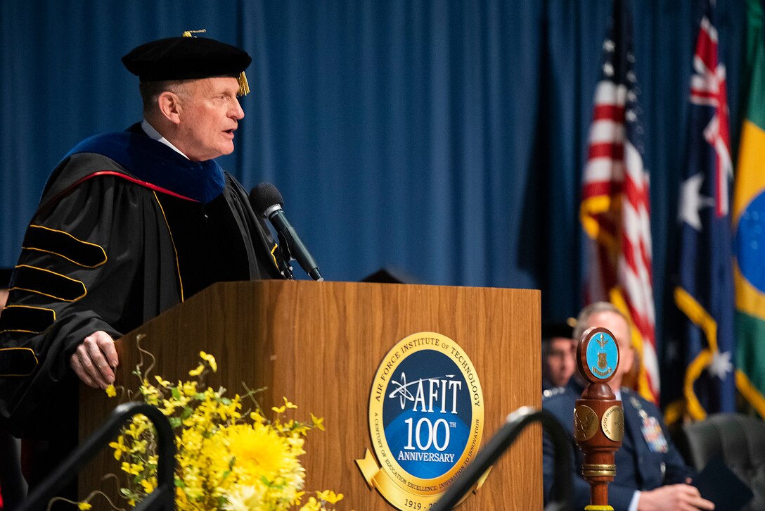 Todd I. Stewart, Air Force Institute of Technology director and chancellor, gives the opening remarks of the school’s commencement ceremony March 21, 2019, at the National Museum of the U.S. Air Force, Wright-Patterson Air Force Base, Ohio. Gen. David Goldfein, U.S. Air Force chief of staff, gave the graduation address to the more than 200 graduates. (U.S. Air Force photo by R.J. Oriez)