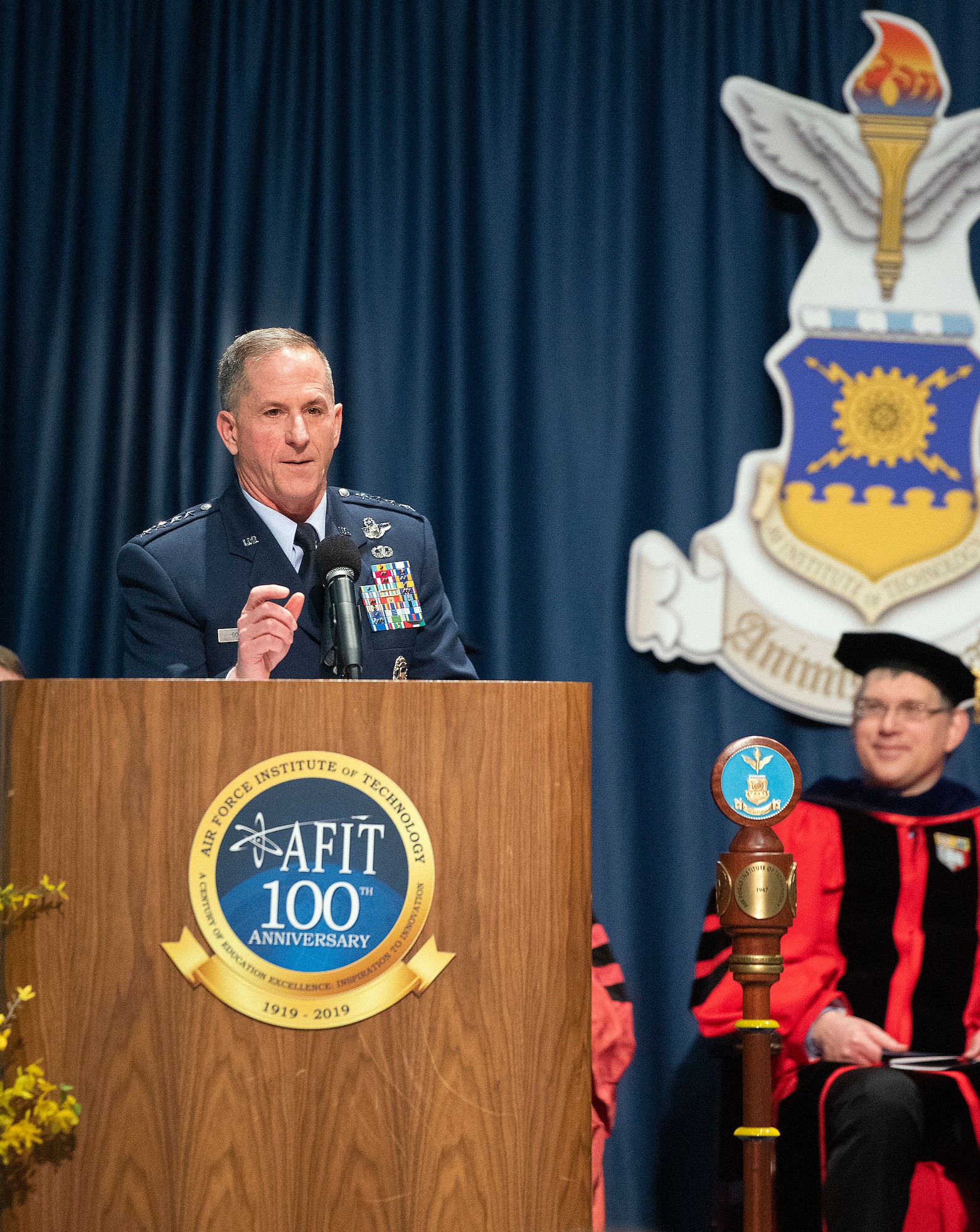 Gen. David L. Goldfein, U.S. Air Force chief of staff, gives the commencement address at the Air Force Institute of Technology graduation ceremony March 21, 2019, in the National Museum of the U.S. Air Force on Wright-Patterson Air Force Base, Ohio. Graduates earned a total of 214 Master of Science degrees and 20 Doctor of Philosophy degrees, which were presented during the ceremony. (U.S. Air Force photo by R.J. Oriez)