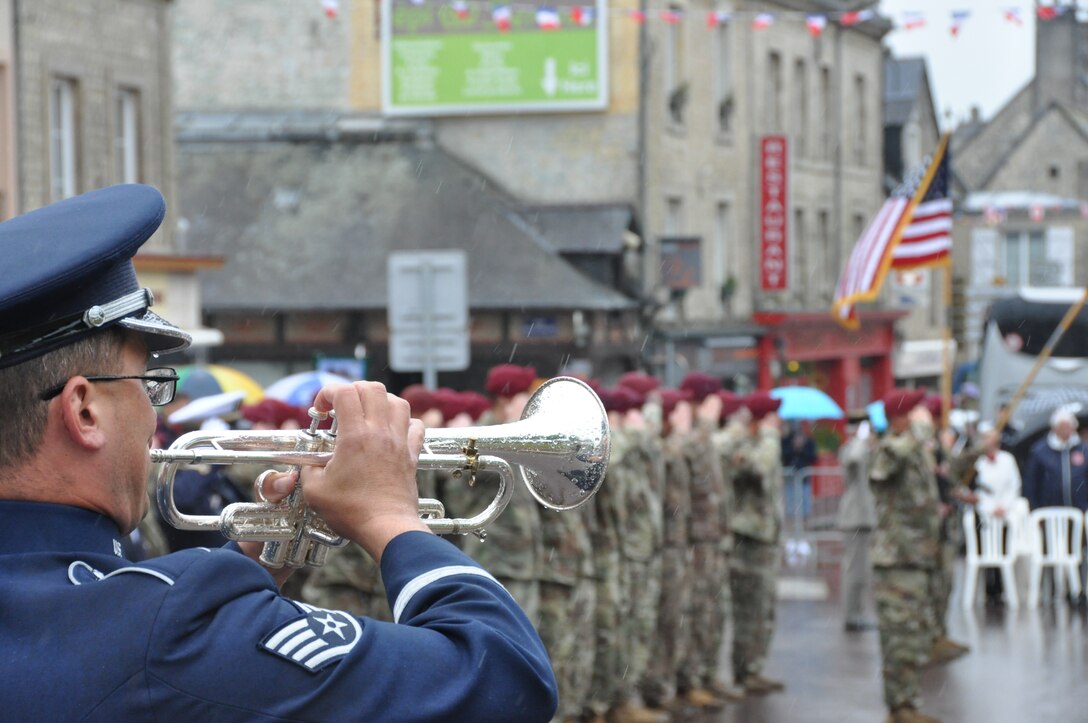 USAFE trumpet player performing in public.