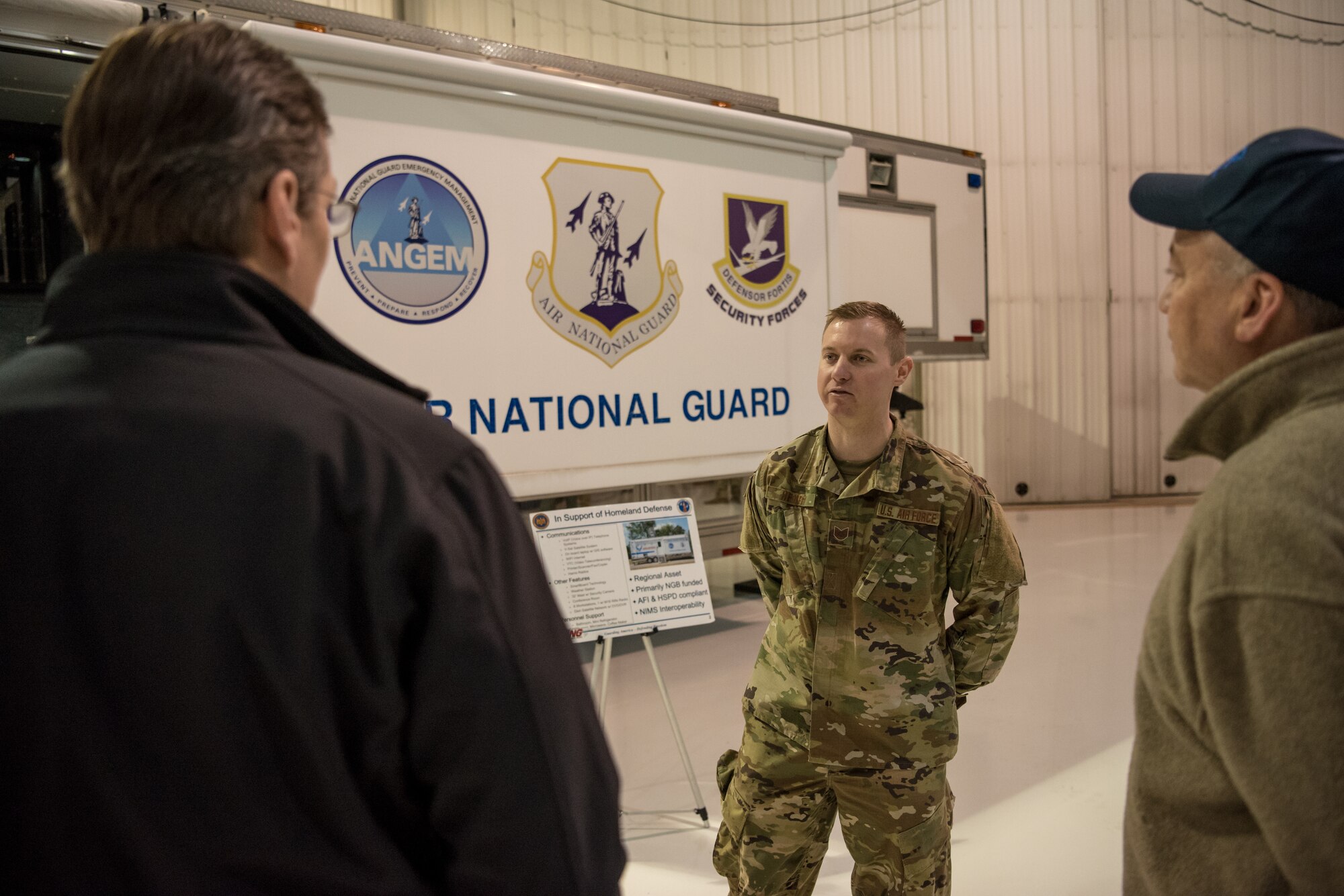 Tech. Sgt. Kaleb Henry, readinesss program specialist for the 123rd Mission Support Group, briefs the functions of a Mobile Emergency Operations Center to civilian employers at the Kentucky Air National Guard Base in Louisville, Ky., March 15, 2019. The employers were participating in an Employer Support of the Guard and Reserve “Bosslift,” which enhances awareness and understanding between National Guardsmen and the civilian employers for whom they work when they’re not on duty. (U.S. Air National Guard photo by Staff Sgt. Joshua Horton)
