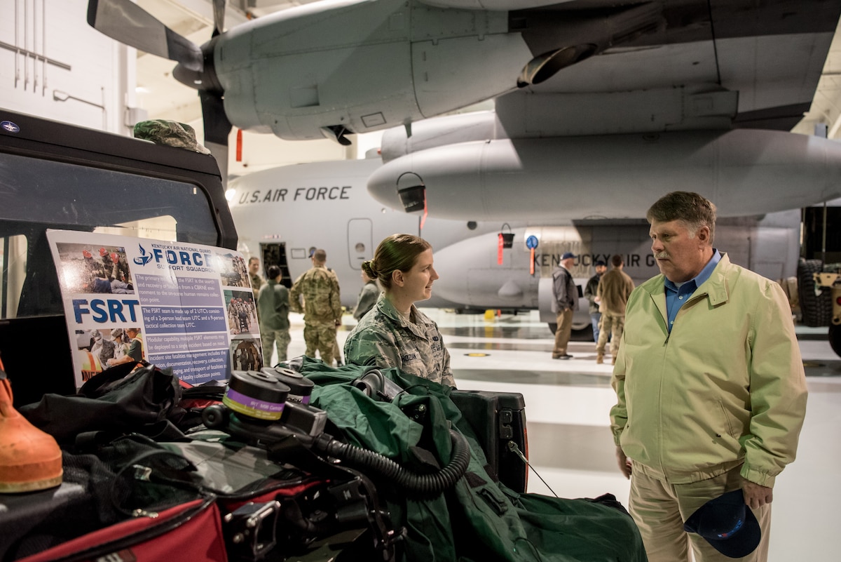 Staff Sgt. Sara Hozian, 123rd Force Support Squadron Fatality Search and Recovery Team member, demonstrates the use of FSRT equipment to a civilian employer at the Kentucky Air National Guard Base in Louisville, Ky., March 15, 2019. The employers were participating in an Employer Support of the Guard and Reserve “Bosslift,” which enhances awareness and understanding between National Guardsmen and the civilian employers for whom they work when they’re not on duty. (U.S. Air National Guard photo by Staff Sgt. Joshua Horton)