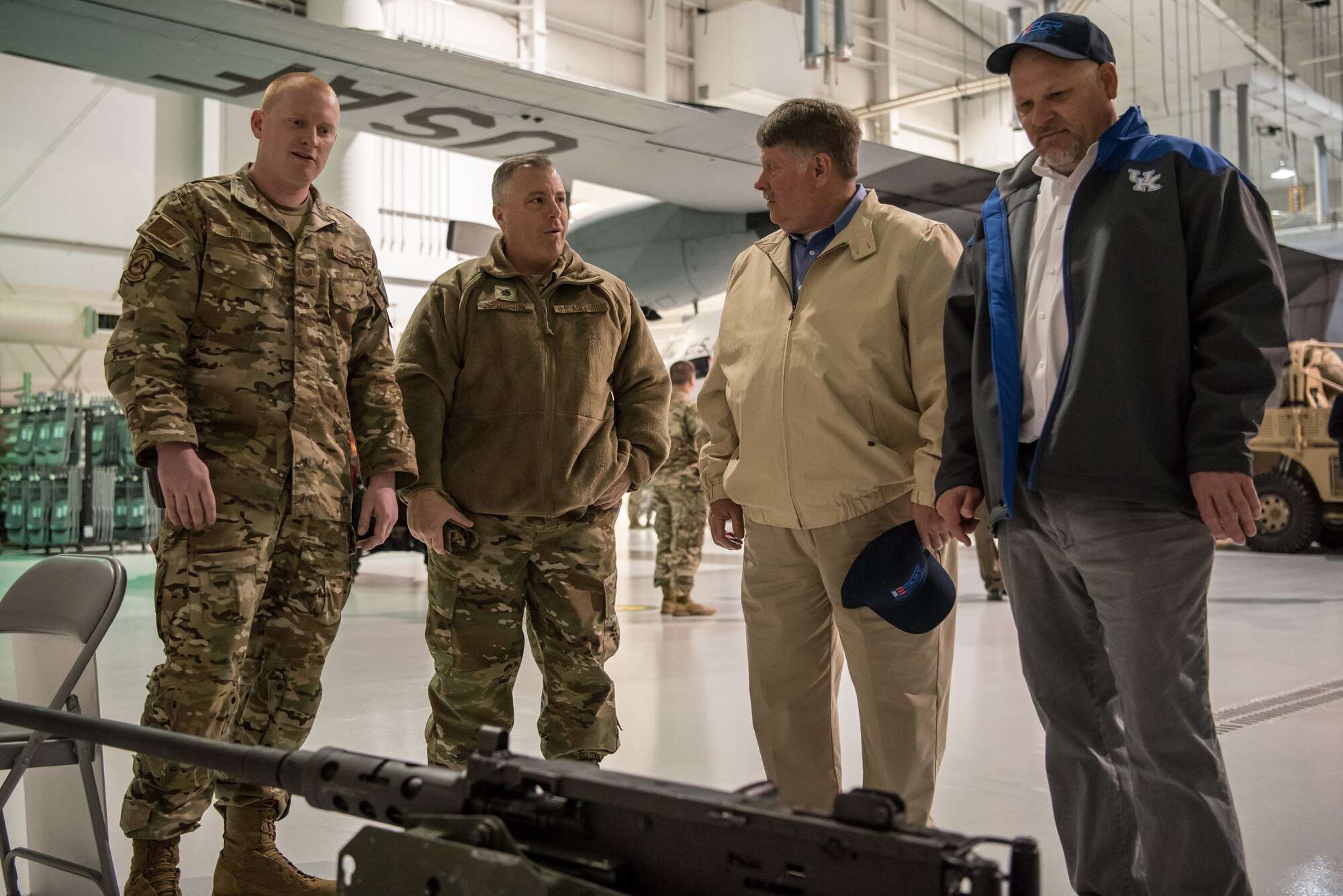 More than two-dozen civilian employers learn about the different functional areas of the 123rd Airlift Wing during a tour of the Kentucky Air National Guard Base in Louisville, Ky., March 15, 2019. The employers were participating in an ESGR “Bosslift,” which enhances awareness and understanding between National Guardsmen and the civilian employers for whom they work when they’re not on duty. (U.S. Air National Guard photo by Staff Sgt. Joshua Horton)