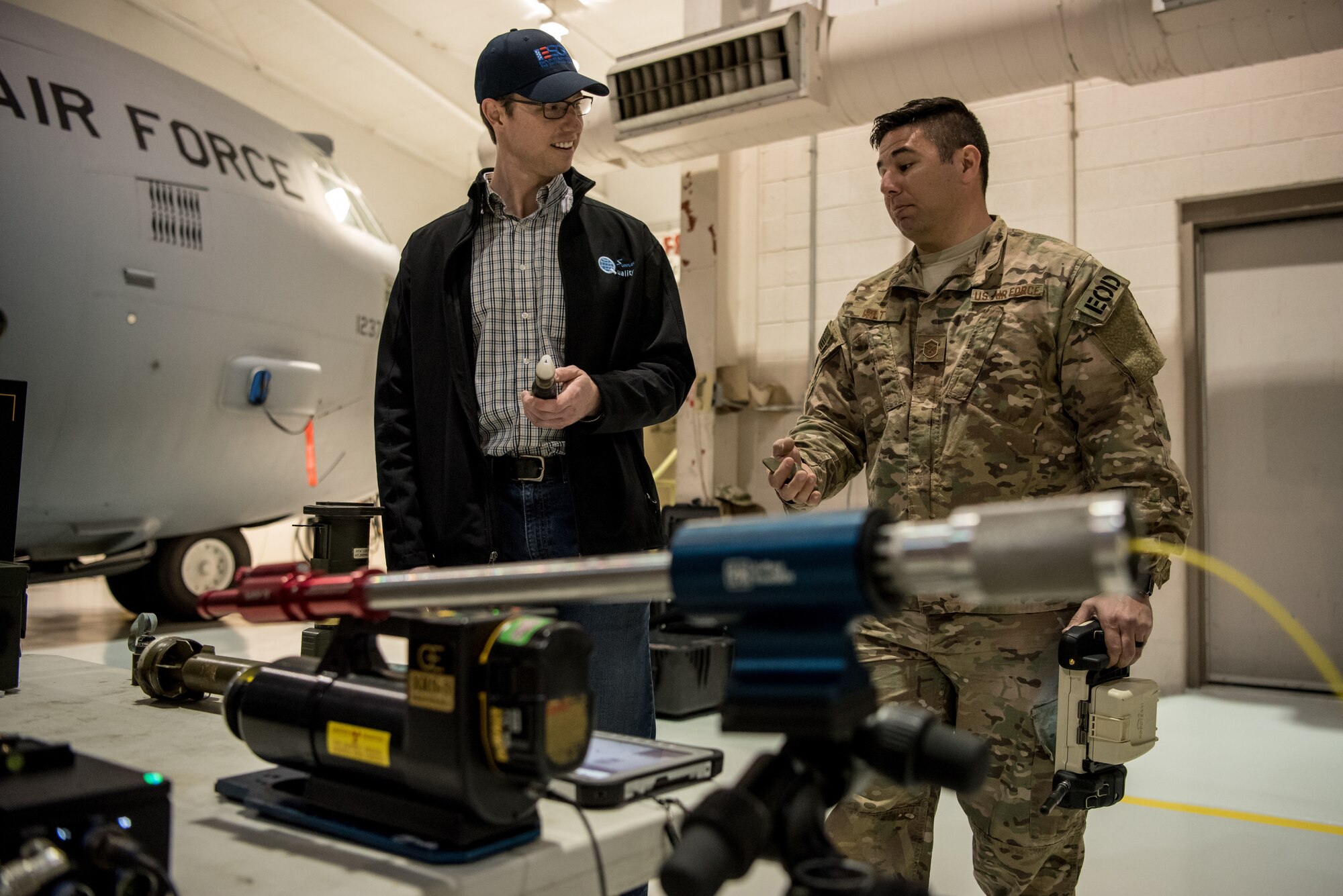 Master Sgt. Matthew Wilt of the 123rd Explosive Ordnance Disposal Flight demonstrates the use of EOD equipment to a civilian employer at the Kentucky Air National Guard Base in Louisville, Ky., March 15, 2019. The employers were participating in an Employer Support of the Guard and Reserve “Bosslift,” which enhances awareness and understanding between National Guardsmen and the civilian employers for whom they work when they’re not on duty. (U.S. Air National Guard photo by Staff Sgt. Joshua Horton)