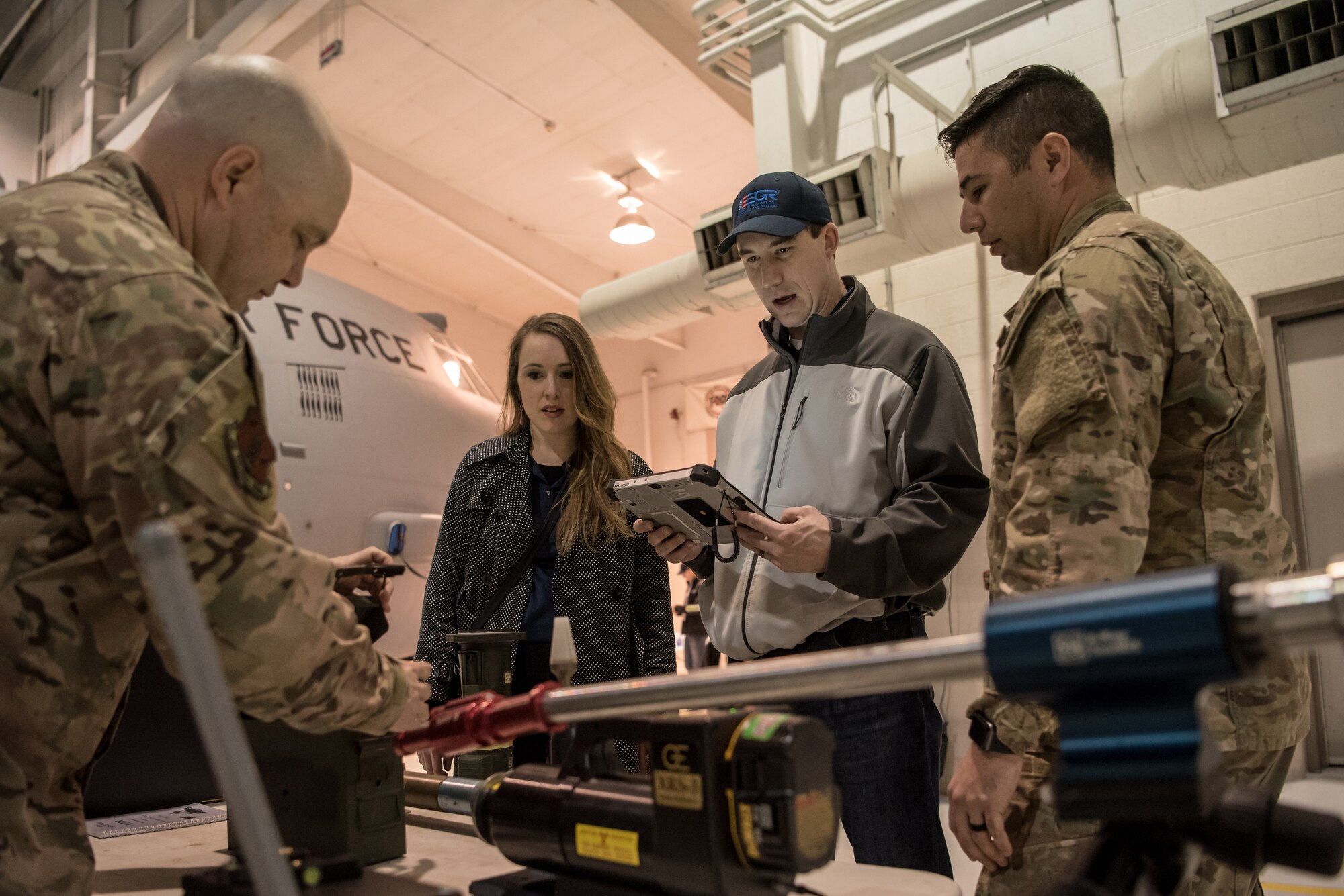 Master Sgt. Matthew Wilt of the 123rd Explosive Ordnance Disposal Flight, demonstrates the use of EOD equipment to civilian employers at the Kentucky Air National Guard Base in Louisville, Ky., March 15, 2019. The employers were participating in an Employer Support of the Guard and Reserve “Bosslift,” which enhances awareness and understanding between National Guardsmen and the civilian employers for whom they work when they’re not on duty. (U.S. Air National Guard photo by Staff Sgt. Joshua Horton)