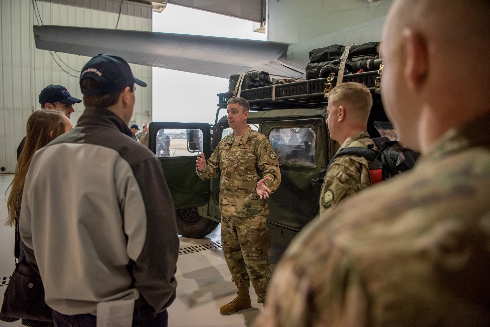 Col. Bruce Bancroft, commander of the 123rd Contingency Response Group, briefs civilian employers at the Kentucky Air National Guard Base in Louisville, Ky., March 15, 2019, as part of an Employer Support of the Guard and Reserve “Bosslift.” The program enhances awareness and understanding between National Guardsmen and the civilian employers for whom they work when they’re not on duty. (U.S. Air National Guard photo by Staff Sgt. Joshua Horton)