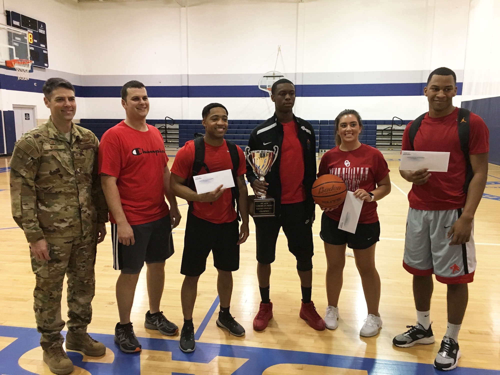 "The Problems" from the 552nd Operations Support Squadron took home the title in the 2nd Annual America's Wing March Madness 3-on-3 basketball tournament. This year teams from the 552nd Air Control Wing, 552nd Maintenance Group, 552nd Maintenance Squadron, 552nd Aircraft Maintenance Squadron, 552nd Operations Support Squadron, 72nd Air Base Wing and the 72nd Aerospace Medical Squadron competed for the title. 

Team members of "The Problems" were Tech. Sgt. Chadrick Newton, Senior Airman Breylon Jordan, Airman Navaughn Kearse, Airmen 1st Class Sarah Feathers and Dorian Flowers and Tech. Sgt. Charles Bailey.