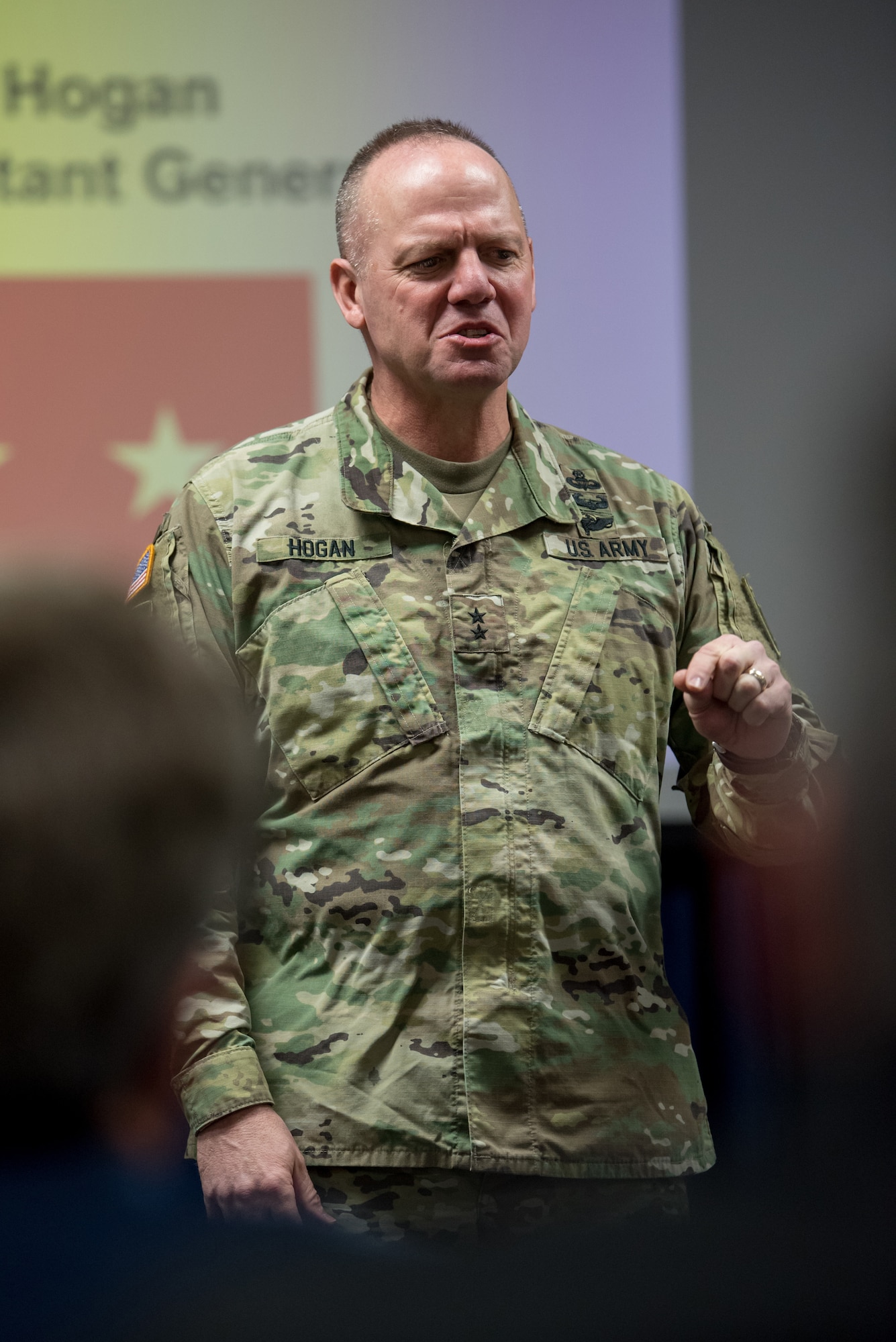 U.S. Army Maj. Gen. Stephen Hogan, Kentucky’s adjutant general, provides an introductory brief to civilian employers at the Kentucky Air National Guard Base in Louisville, Ky., March 15, 2019, as part of an Employer Support of the Guard and Reserve “Bosslift." The program enhances awareness and understanding between National Guardsmen and the civilian employers for whom they work when they’re not on duty. (U.S. Air National Guard photo by Staff Sgt. Joshua Horton)