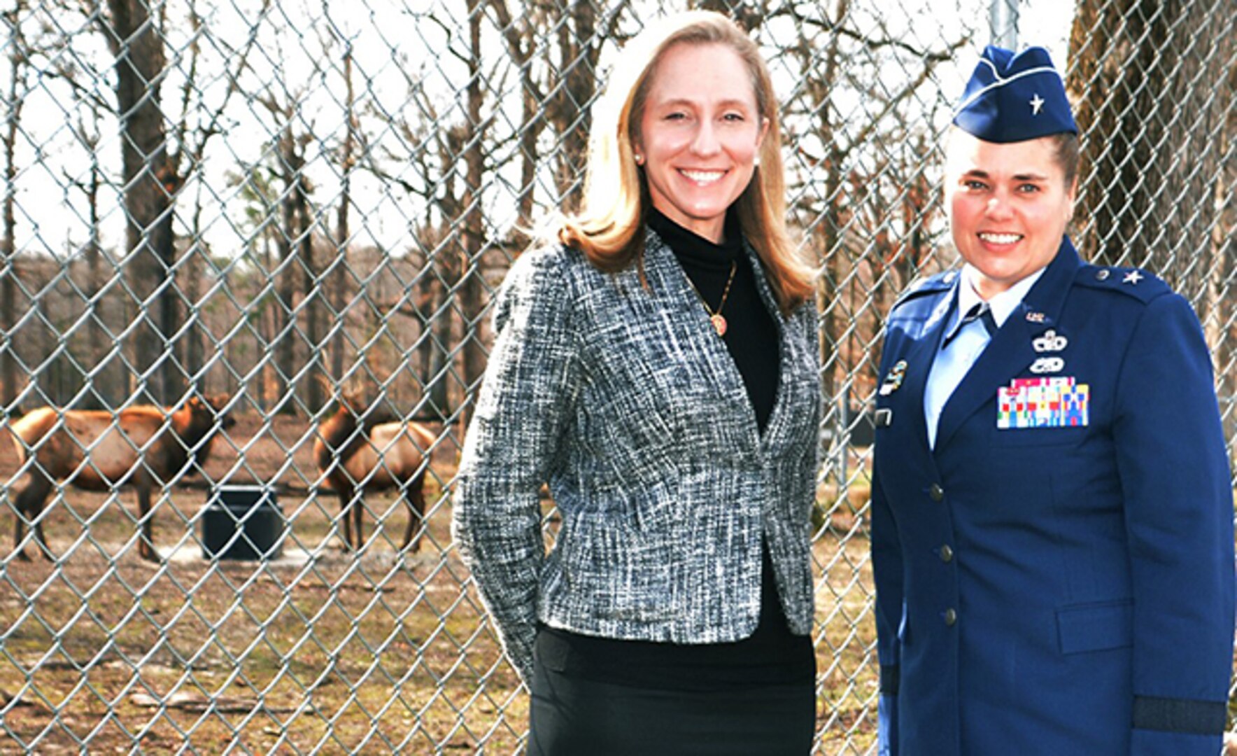 U.S. Rep. Abigail Spanberger, D-Va. and Air Force Brig. Gen. Linda Hurry pose for elk photo.