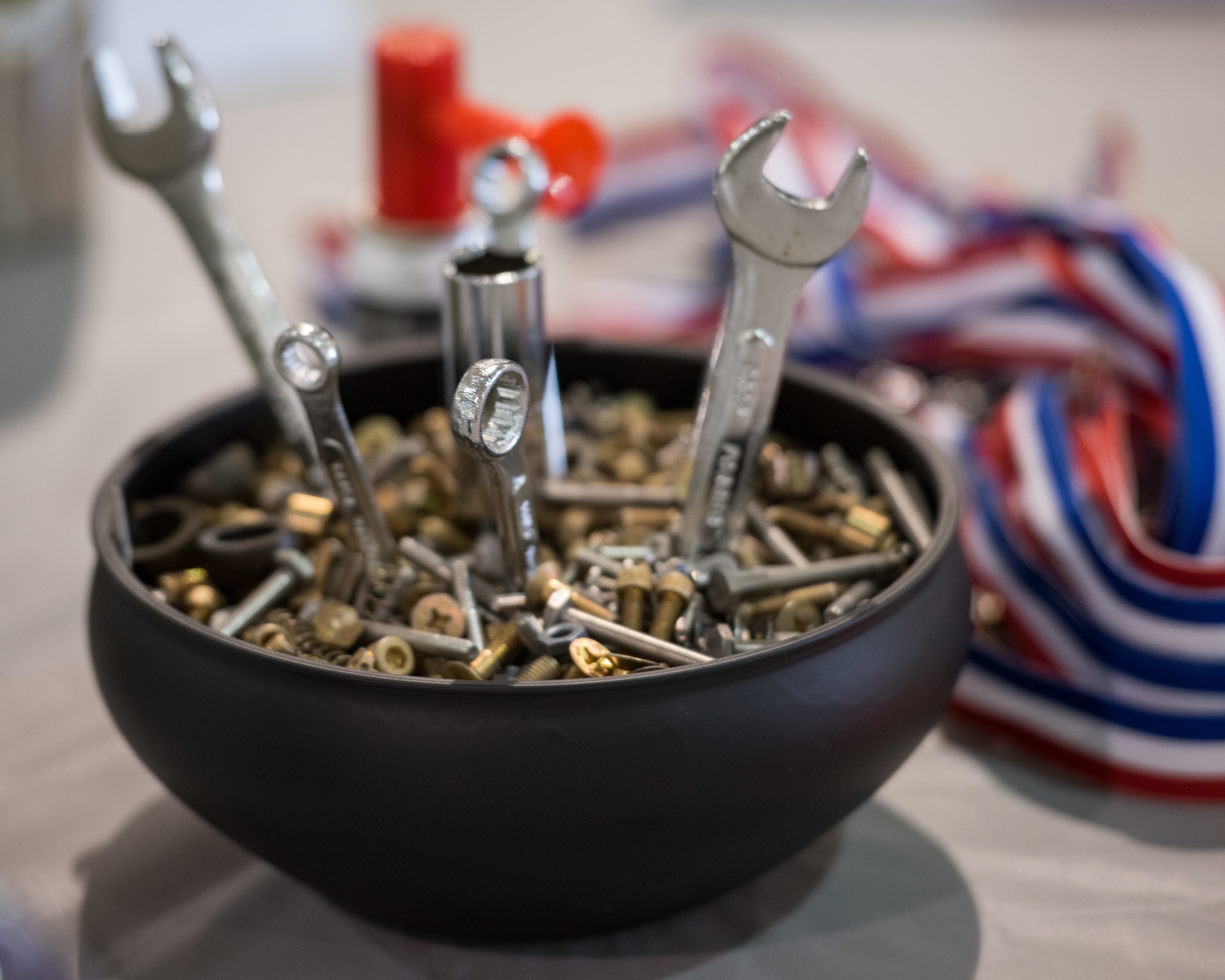 A centerpiece is displayed on a table during the Maintenance Professional of the Year awards banquet at Joint Base Langley-Eustis, Virginia, March 22, 2019.