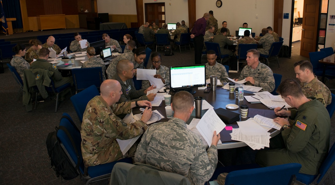 Squadron commanders from across the Air Force discuss the latest policy and process updates for serving on Enlisted Forced Distribution Panels at Joint Base San Antonio-Randolph, Texas, March 19, 2019.