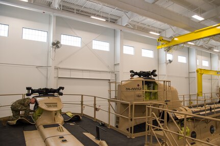 A U.S. Army Soldier from Alpha Company, 1st Battalion, 210th Aviation Regiment, 128th Avn. Brigade, trains on the Chinook Maintenance Trainer at Joint Base Langley-Eustis, Virginia, March 26, 2019.