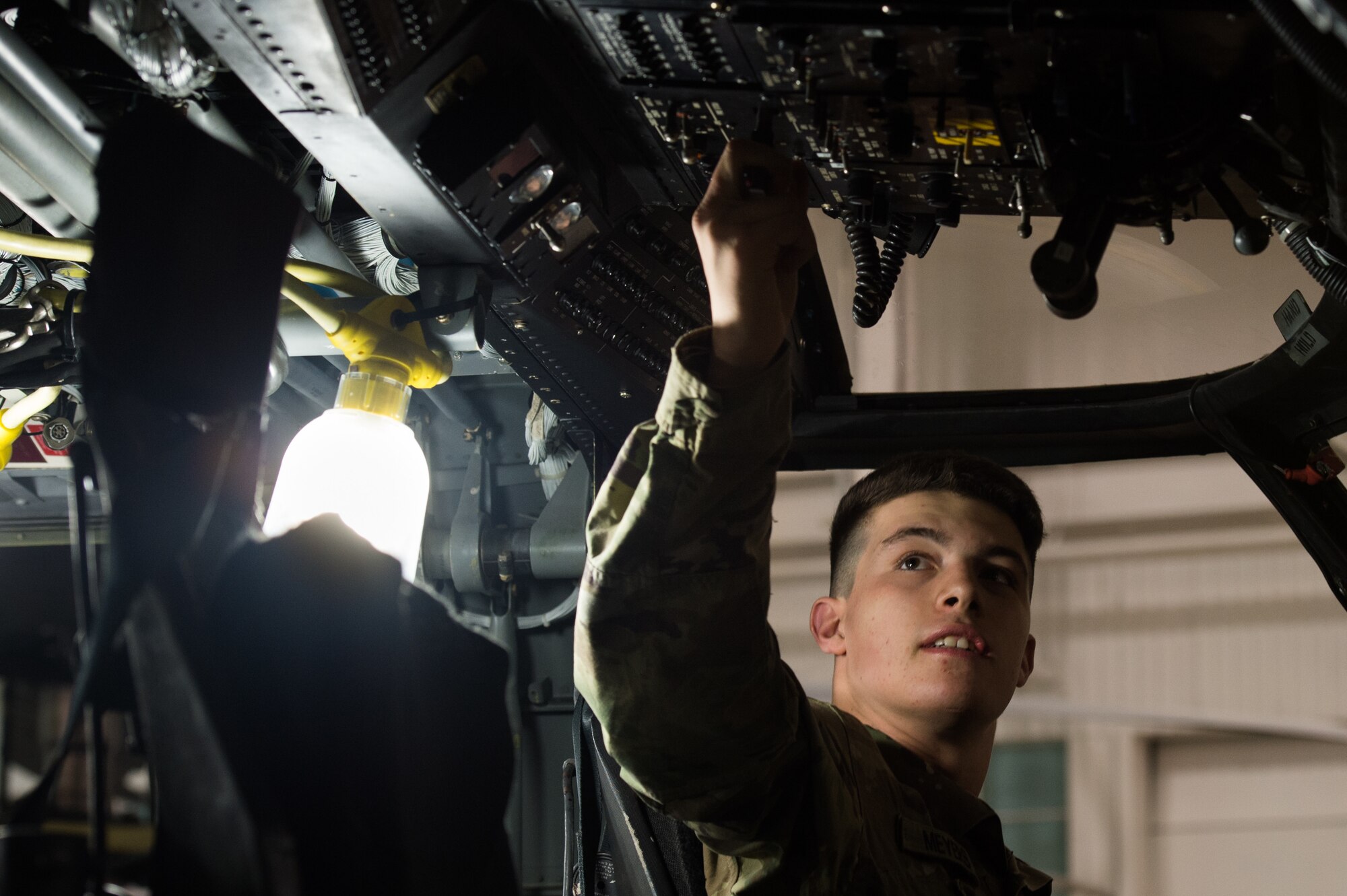 U.S. Army Pvt. Jared Myers, Alpha Company, 1st Battalion, 210th Aviation Regiment, 128th Avn. Brigade student, trains on the Blackhawk Electrical Trainer at Joint Base Langley-Eustis, Virginia, March 26, 2019.