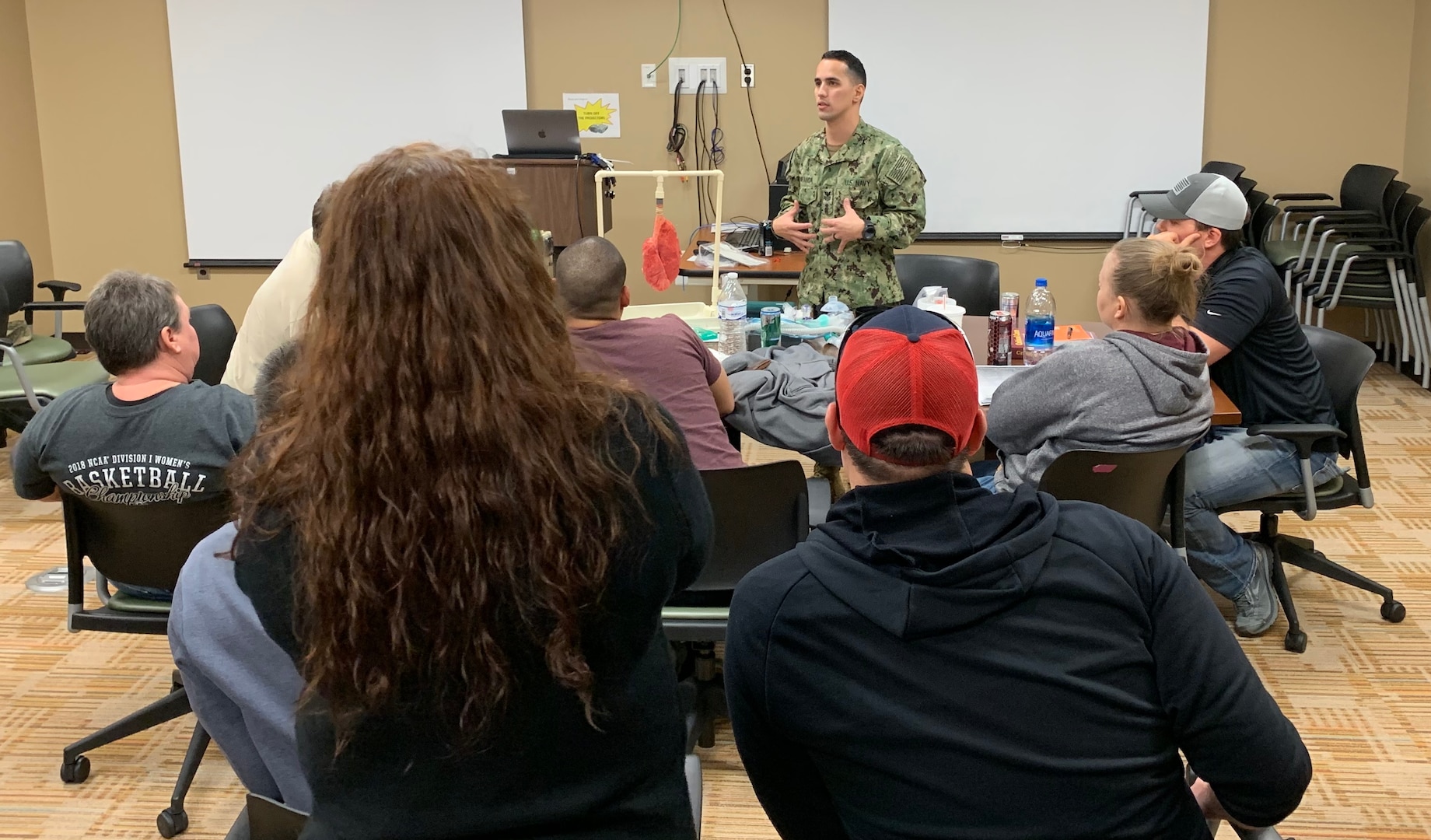 Petty Officer 1st Class Christian Miranda conducts emergency medical EMS transport and mechanical ventilation training for EMS/paramedics attached to Fort Hood and the Carl R. Darnall Army Medical Center's emergency department.